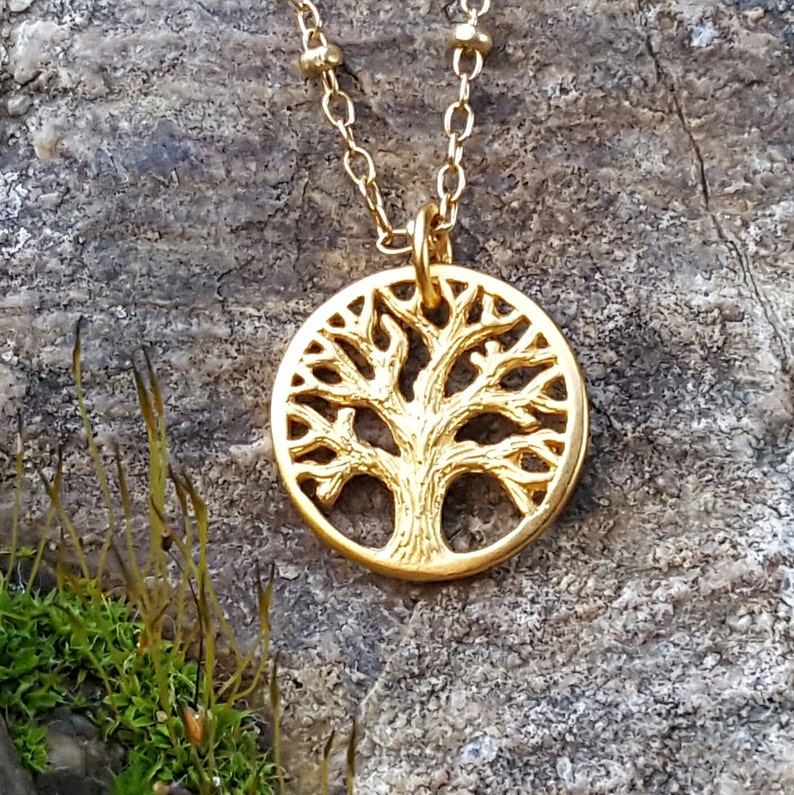 Gold Tree of Life Charm Rustic Tree Necklace Charm 24K Gold on Bronze Custom Length Chain Available DISCONTINUED STYLE image 1