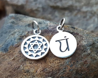 Fourth Heart Chakra Symbol Charm - Small Sterling Silver - Double Sided with Sanskrit Word - 4th - Optional Custom Length Silver Chain