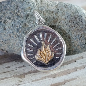 Fire Element Charm - Sterling Silver and Bronze Fire Symbol Necklace - Flame Charm - Optional Custom Length Silver Chain