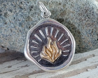 Fire Element Charm - Sterling Silver and Bronze Fire Symbol Necklace - Flame Charm - Optional Custom Length Silver Chain