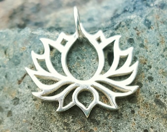 Lotus Flower Charm - Sterling Silver Open Lotus Necklace - Yoga Jewelry - Optional Custom Length Silver Chain - Blooming Lotus Enlightenment