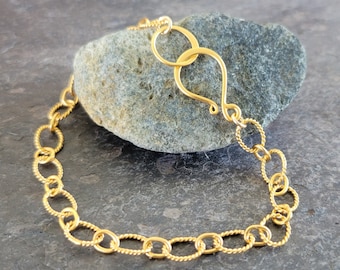 Elegant Gold Charm Bracelet - Custom Length - Vermeil Twisted Link - 24K Gold Over Sterling Silver Bracelet with Hook Clasp - Hand Assembled