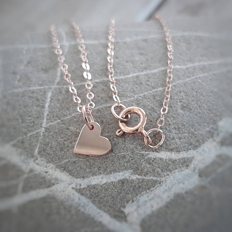 Small Rose Gold Heart Charm 18K Rose Gold Plate Flat Heart Necklace Tiny Vermeil Gold Heart 18 Inch Rose Gold Chain Option image 3