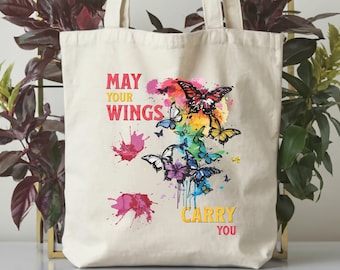 Customizable Butterfly Tote Bag for Gardeners, Graduation and New Beginnings Gift Idea, Long Journeys and Moving Abroad Personalize Message