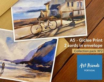 A5 Art-Postcards 2º paquete de 2 tarjetas de colección, Portugal Giclee, Isla Baleal, Peniche, Costa de Plata, Océano Atlántico. Arte fino.