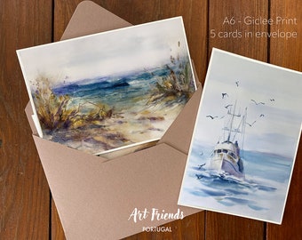 ARTE Postales formato A6 Colección 2 , Portugal, Isla Baleal, Peniche, Costa de Plata, Océano Atlántico. Arte fino. 5 tarjetas con sobre