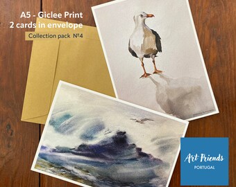 4e lot de 2 cartes postales d'art A5, Portugal, jet d'encre, Îles Baléals, Peniche, Côte d'Argent, océan Atlantique. Beaux-arts.