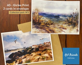 A5 Art-Postcards 3D-pakket van 2 verzamelkaarten, Portugal Giclee, Baleal Island, Peniche, Silver Coast, Atlantische Oceaan. Fijne kunst.