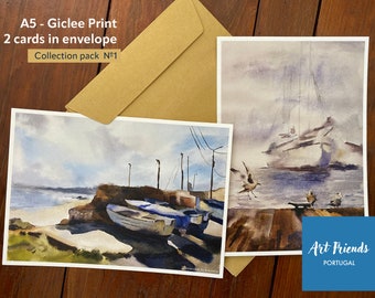 A5  Art-Postcards, Portugal Giclee, Baleal Island, Peniche,  Silver Coast, Atlantic ocean. Fine Art. Pack of 2 cards