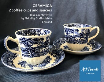 2 tazas de café y platillos estilo country azul de Grindley Staffordshire Inglaterra