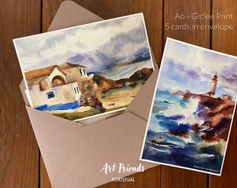 Cartes postales, Portugal, îles Baléals, Peniche, Côte d'Argent, océan Atlantique. Beaux-arts. Lot de 5 cartes avec enveloppe