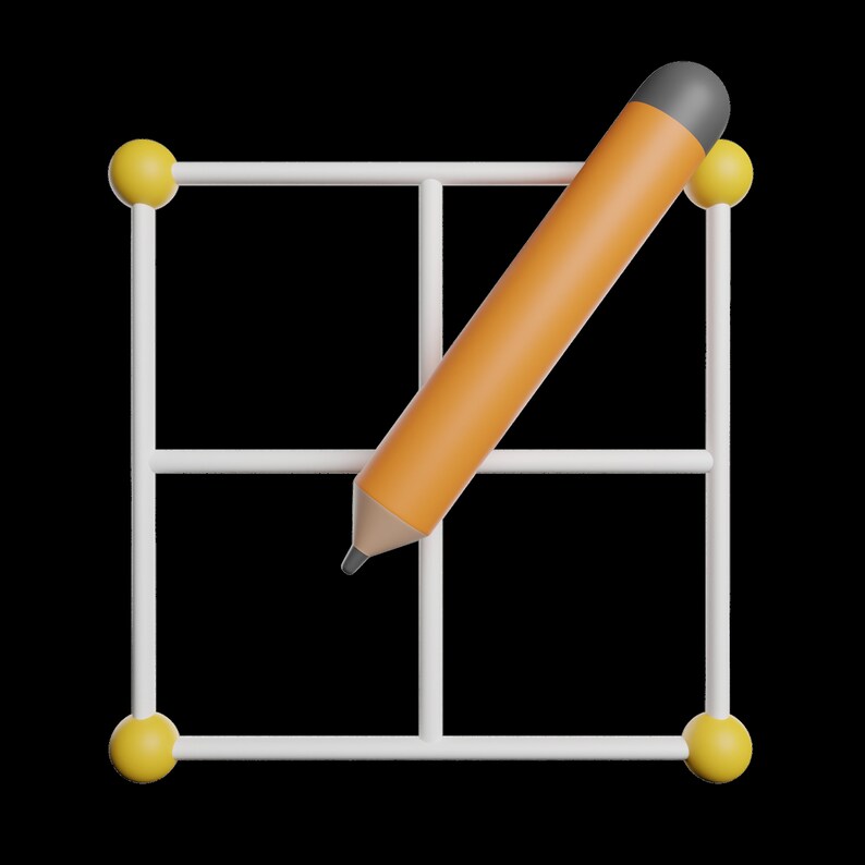 Op de afbeelding: Een wit raster met vier gele cirkels in de hoeken en een oranje potlood dat diagonaal over het raster ligt.
