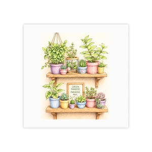 Puede incluir: Ilustración en acuarela de una estantería llena de plantas en macetas. Las plantas son de varios tamaños y colores, incluyendo verde, rosa y azul. Un pequeño letrero dice "Green Paradise, Paradise, Mint..."