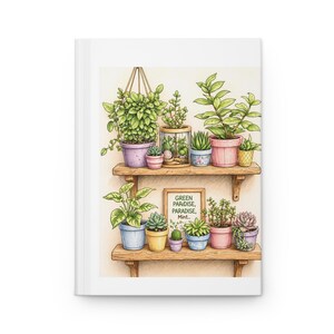 Puede incluir: Una portada de diario blanca con una ilustración de acuarela de plantas en macetas sobre estantes de madera. Las plantas están en varias macetas de colores. Un letrero enmarcado dice "Green Paradise, Paradise, Mint..."