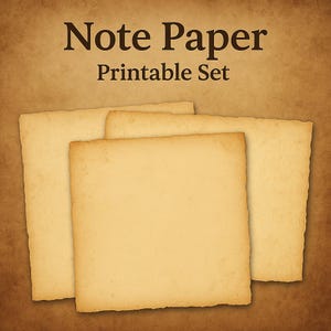Puede incluir: Un conjunto de tres hojas de papel de notas cuadradas con un aspecto vintage y envejecido. Los papeles son de color beige claro con bordes ligeramente ásperos, y el texto "Note Paper Printable Set" se muestra en la parte superior.
