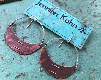 Small Stitched Copper Crescent Earrings