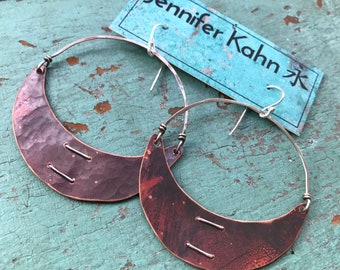 Large Stitched Copper Crescent Earrings