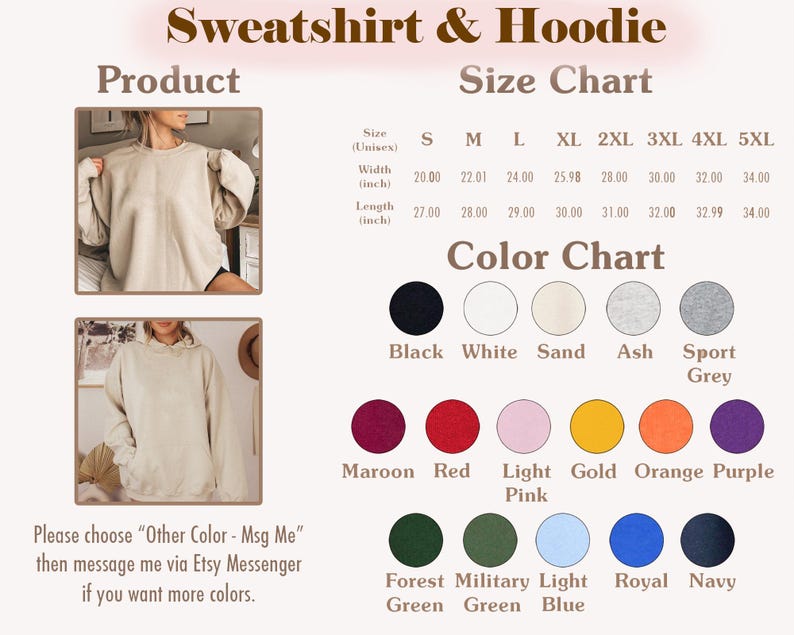May include: A sweatshirt and hoodie size chart featuring a table with unisex sizes S through 5XL, listing width and length in inches. A color chart displays 15 circular swatches labeled with names including black, white, sand, ash, and various colors.