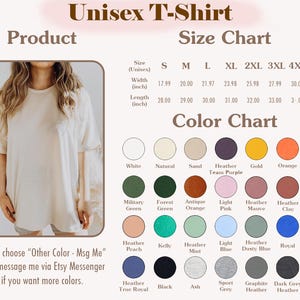 May include: A beige short-sleeved t-shirt shown on a person, accompanied by a size chart with width and length measurements in inches and a color chart displaying thirty-two circular color swatches with labels including white, sand, and black.
