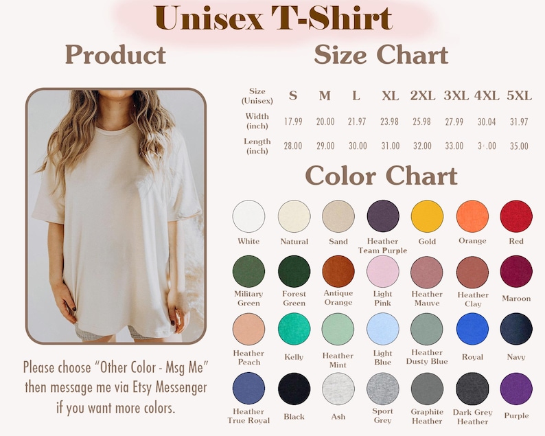May include: A beige short-sleeved t-shirt shown on a person, accompanied by a size chart with width and length measurements in inches and a color chart displaying thirty-two circular color swatches with labels including white, sand, and black.