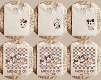 Disney All Characters Retro Checkered Custom Shirt, Vintage Disney Matching Tee, Disney Family Trip Sweatshirt, Mickey & Co. Custom Name Tee