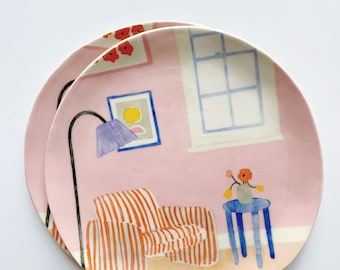 Hand-Painted Porcelain Decorative Wall Plates, Multi-Color Illustration, Handmade, Dishes