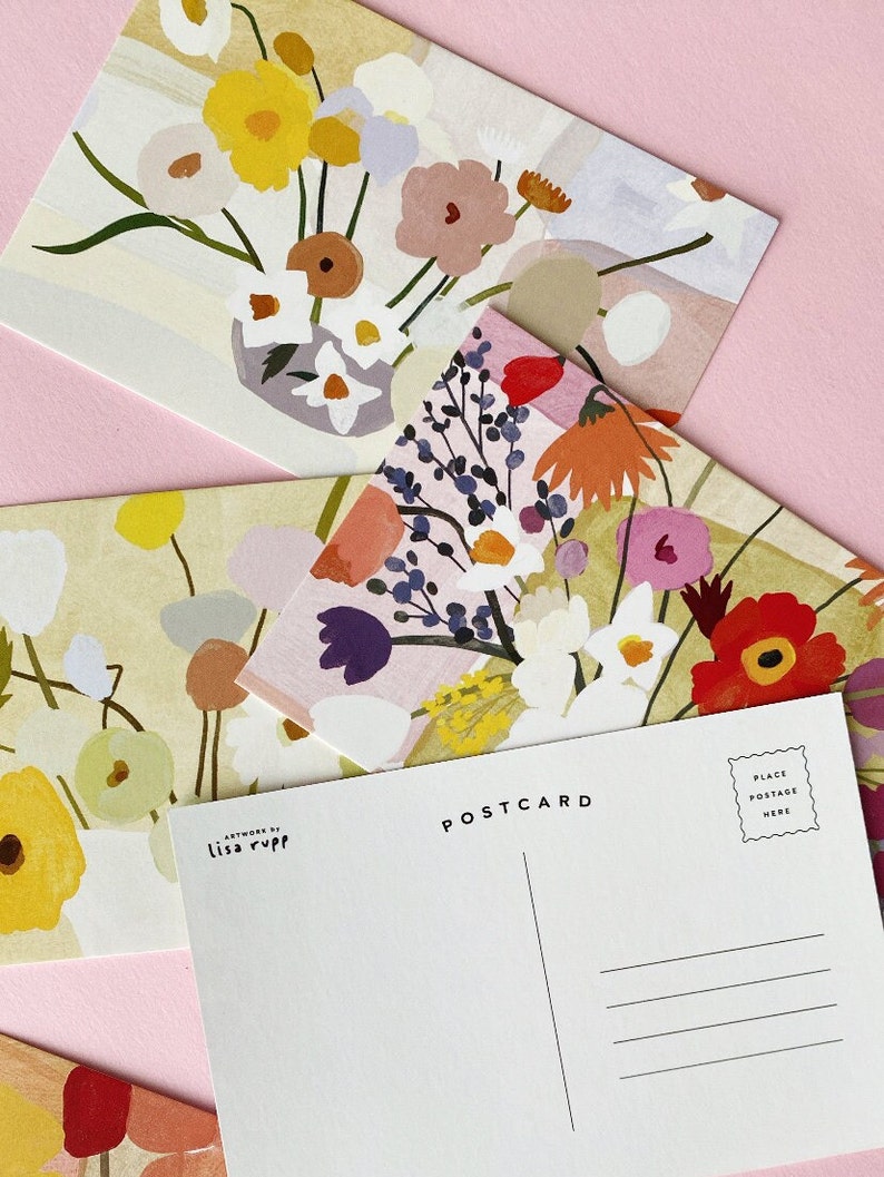 A set of brightly colored floral postcards by Lisa Rupp.