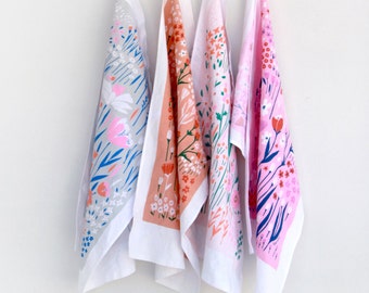 Floral Tea Towels, Kitchen Towels, Dishcloths, Linens, Dishtowels - Screen Printed 100% Cotton