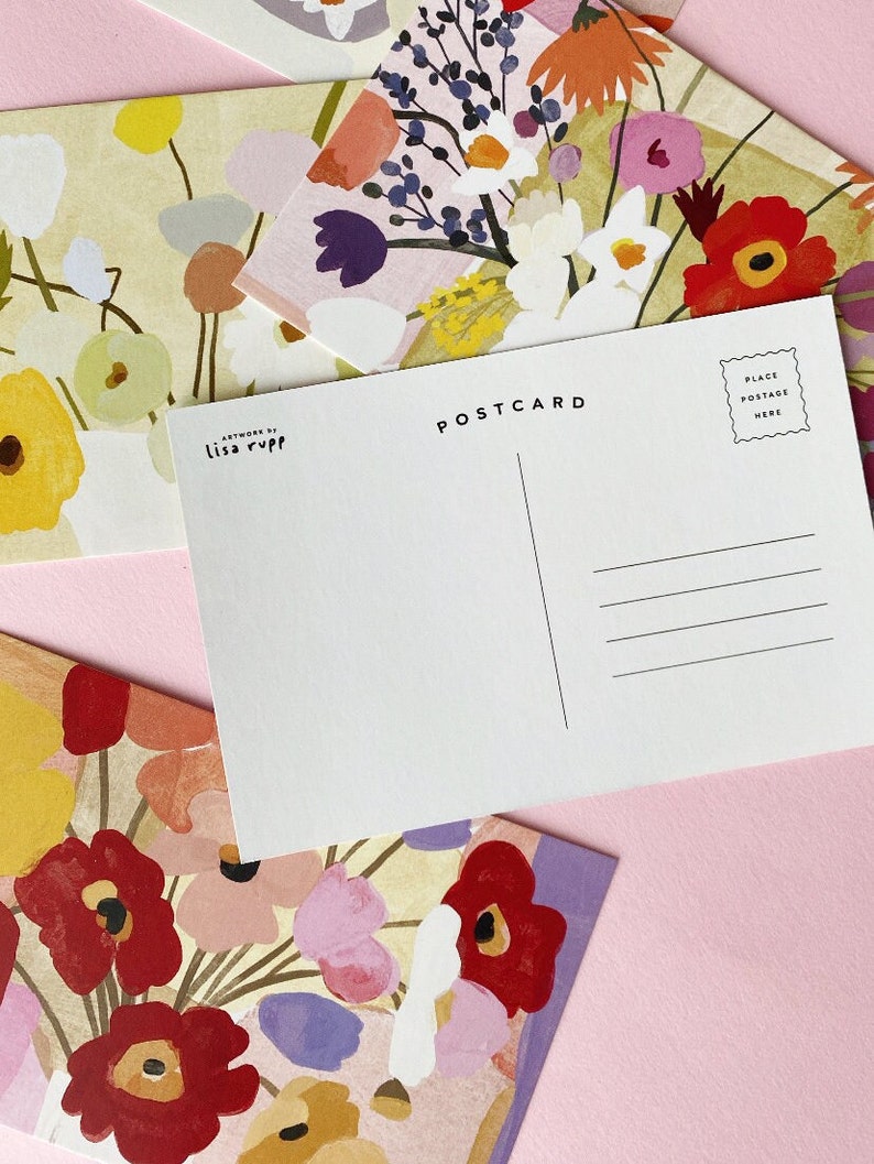 A set of brightly colored floral postcards by Lisa Rupp.