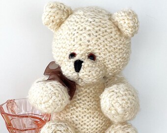 Teddy Bear 15" in Ivory, Hand Knitted Jointed Bear with Brown Sheer Ribbon, Baby Shower Gift, Snuggle Bear