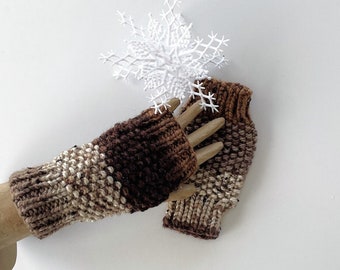 Mittens in Brown & White, Fingerless Gloves, Fingerless Mittens, Wrist Warmers, Womens Gifts