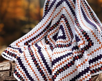 57”x 57” Afghan, Purple Orange and White Blanket, Handmade Blanket, Finished Product For Sale, Granny Square Afghan, Purple & White Afghan