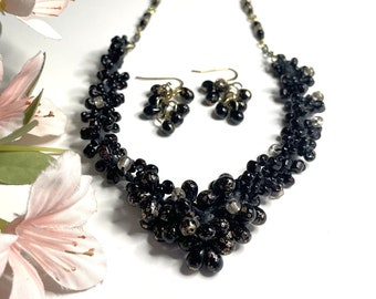 Black & Gold Knitted Beaded Statement Necklace with Gold Chain and Drop Earrings Gift for Her