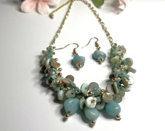 Turquoise Knitted Shell & Jade Gemstone Beaded Statement Necklace with Gold Chain Wire Dangle Earrings Gift for Her