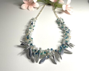 Turquoise & Silver Knitted Beaded Statement Necklace with Silver Chain Gift for Her