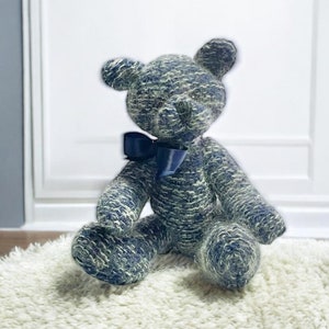 Hand Knitted Jointed Teddy Bear: Navy Blue Mohair Blend, 9&quot;