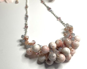 Gray & Peach Knitted Jasper Gemstone Beaded Statement Necklace with Silver Chain Gift for Her