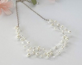 Ivory & Crystal Pearl Crocheted Bridal Statement Necklace with Silver Chain Wedding Jewelry Gift for Her