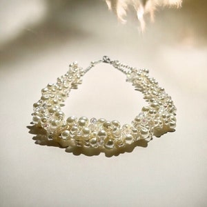 Knitted Ivory Pearl Bridal Necklace: Crystal Dangle Earrings, Silver Chain