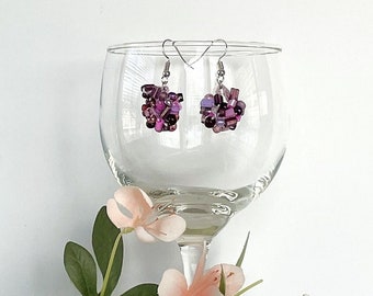 Purple Knitted Glass Beaded Wire Dangle Earrings Gift for Her