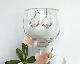 Marbled Pink Crystal Bead Hoop Earrings Boho Earrings Gift for Her