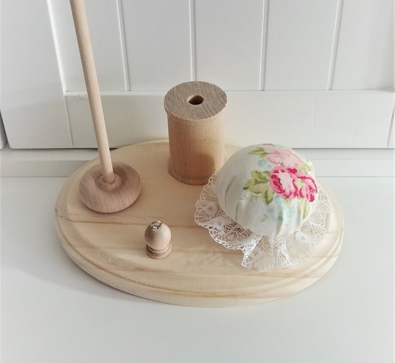 5 x 7 Wooden Thread Holder with Pincushion and Scissor Holder Red Rose Oval Wood Base Spool Holder