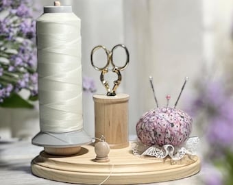 Wood Single Thread Holder: Seamstress Sewing Station with Pincushion