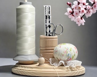 Pine Wood Thread Holder: Sewing Station with Pincushion