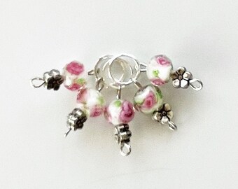 Stitch Markers 5 Pink Rose & Silver Flower, Knitting Markers, Glass Bead Markers