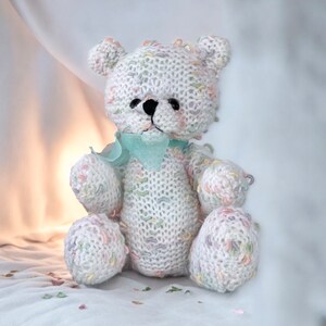 Hand Knitted Teddy Bear: Jointed Collectible Bear with Ribbon