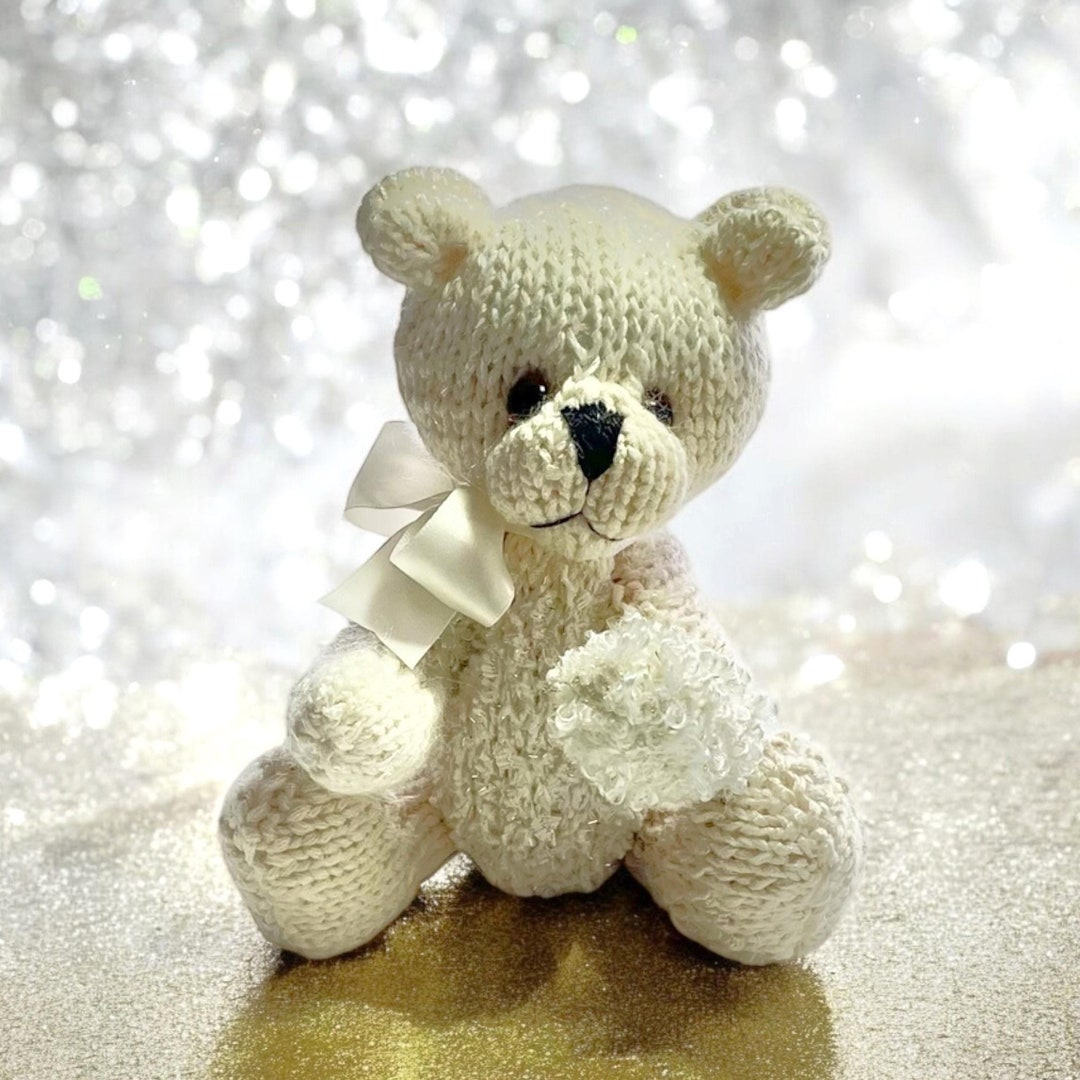 Hand Knitted Teddy Bear: 9" White & Gold Jointed Snuggle Bear - Etsy