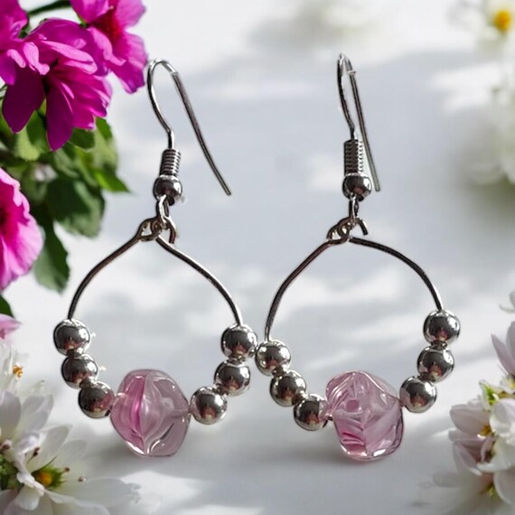 Pink Marbled Crystal Bead Hoop Earrings: Silver Plated Boho Style