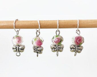 Marcadores de punto con cuentas de vidrio en forma de rosa rosa: dijes de mariposa plateados para tejer (juego de 5)