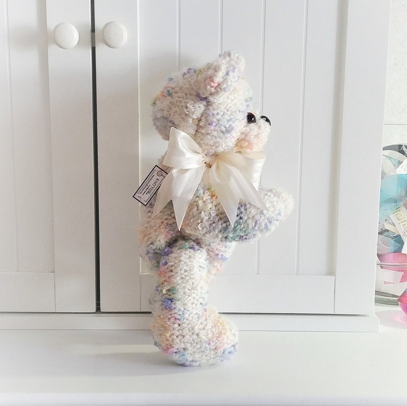 12 Pastel Rainbow Acrylic /& Wool Hand Knitted Jointed Teddy Bear with Ivory Satin Ribbon 30.48 cm